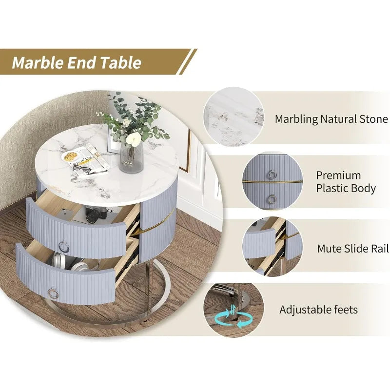 Marble Round End Table with Storage, Modern Nightstand with 2 Drawers, Side Table for Living Room Bed Room,  Silver