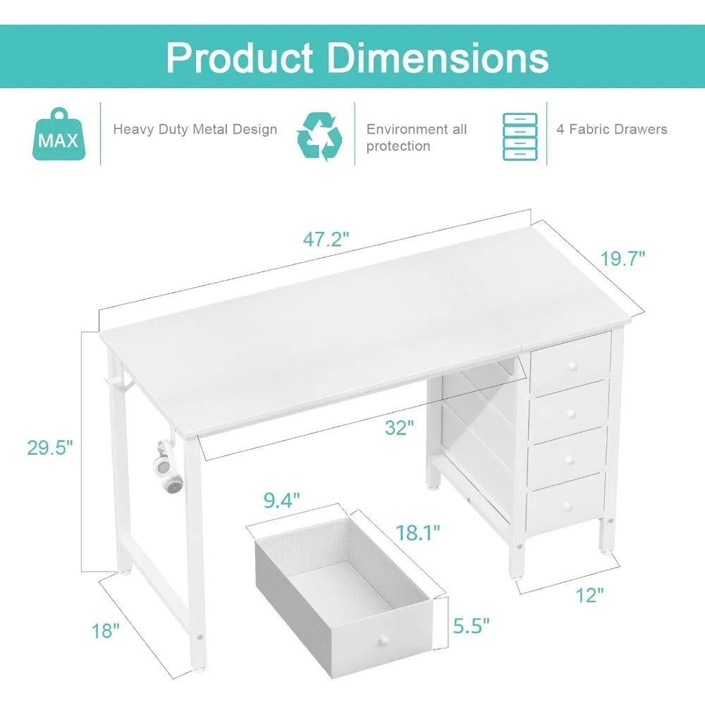 White Computer Desk with Drawers - 47 Inch Study Work Writing Desk for Home Office Bedroom, Simple Modern Cute PC Desks