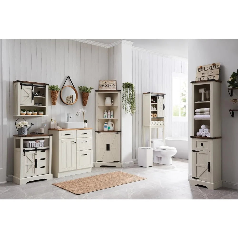 Bathroom Floor Cabinet, Farmhouse Storage Cabinet with Sliding Barn Door & Storage Drawers, Small Storage Cabinet for Bathroom