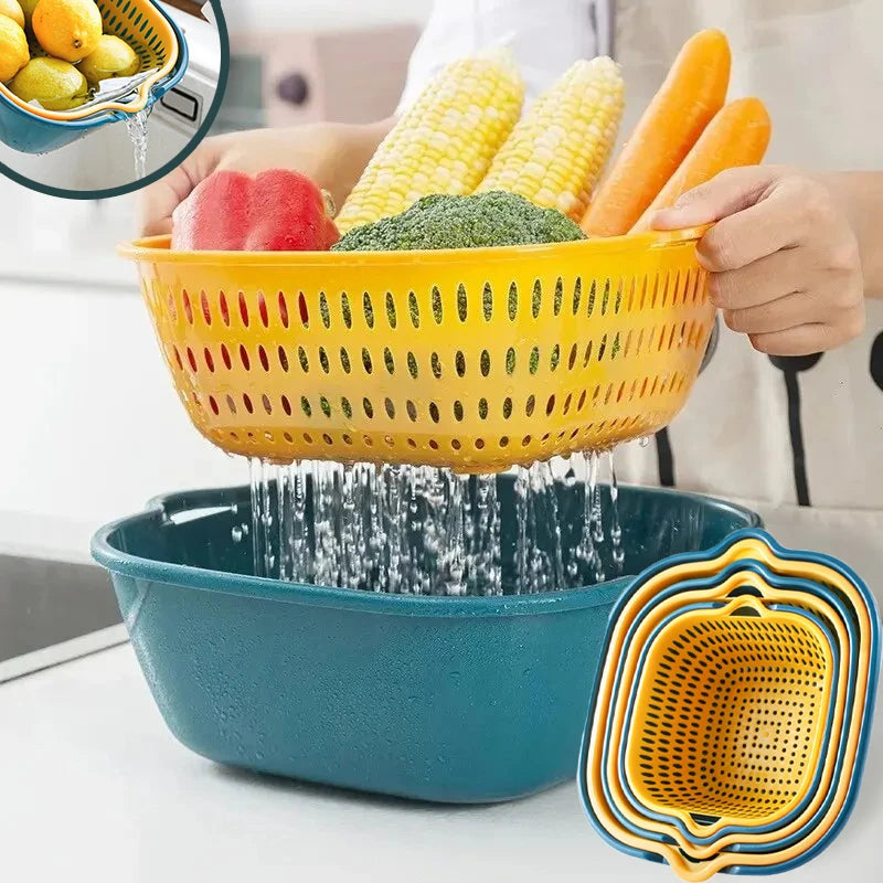 Multi Functional Fruit Vegetable Basin Kitchen Washing Basket Match Double-layer Drainage Basket Plastic Hollow Drainage Basket