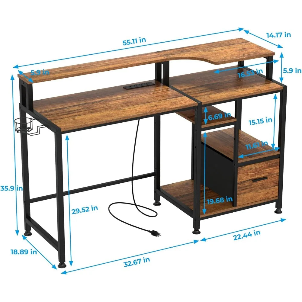 55 inch Computer Desk with Drawers and Outlets,Home Office Desk with Storage and Printer Shelf,Work Desk with Fabric File Drawer