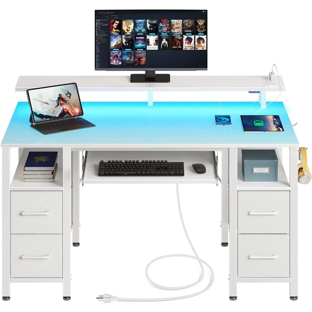 Computer Desk 47.2" with LED Lights & Power Outlets, Home Office Desk with 4 Drawers, Writing Desk with Keyboard Tray, White