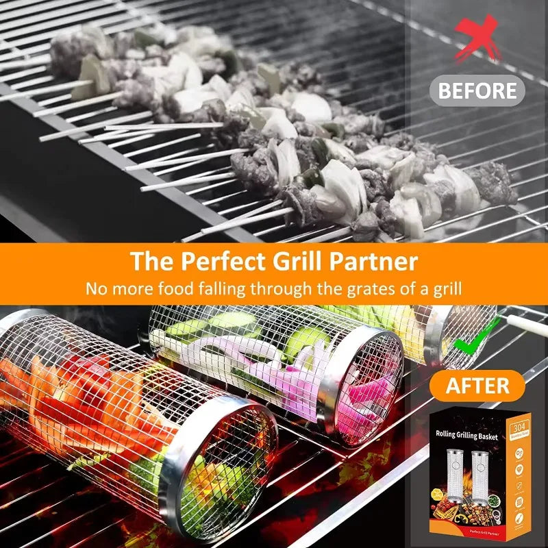 Stainless Steel Barbecue Grill Grate Barbecue Cage Camping Picnic Cookware Outdoor Round BBQ Campfire Grill Rolling Grill Basket