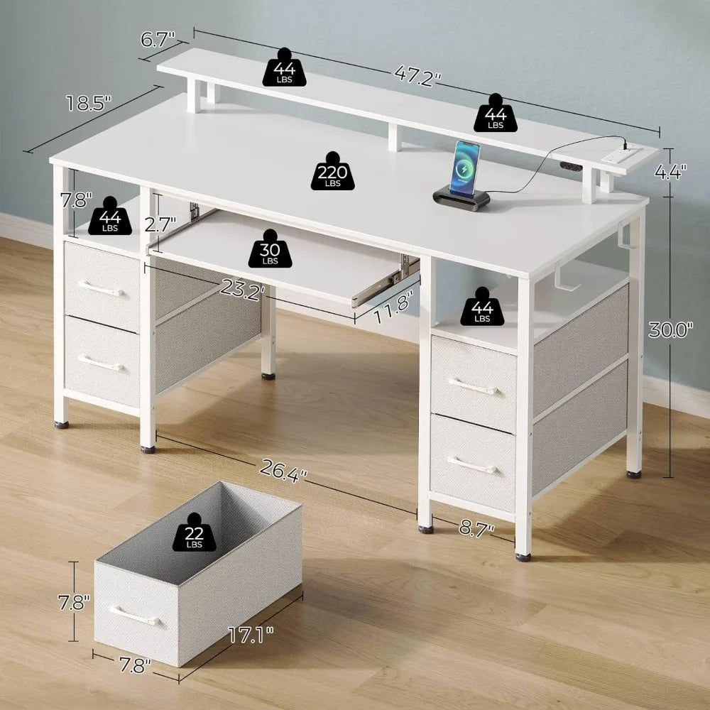 Computer Desk 47.2" with LED Lights & Power Outlets, Home Office Desk with 4 Drawers, Writing Desk with Keyboard Tray, White