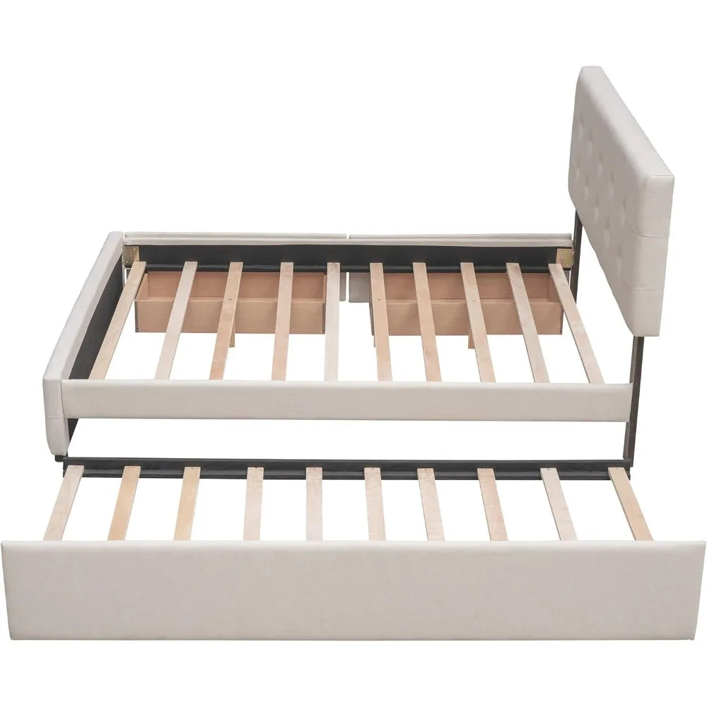 Queen Size Bed Frame, Linen Fabric Upholstered Platform Bed Frame with 2 Storage Drawers , Ideal Bedroom, No Box Spring Needed