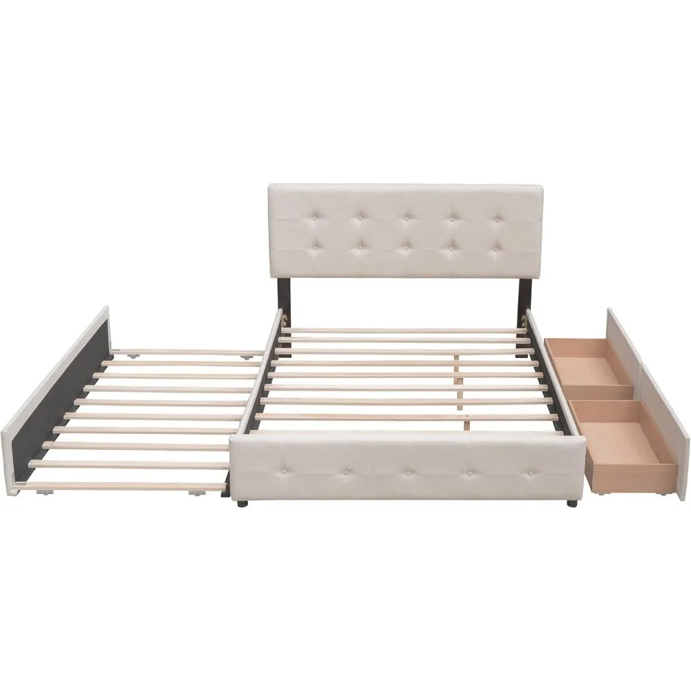 Queen Size Bed Frame, Linen Fabric Upholstered Platform Bed Frame with 2 Storage Drawers , Ideal Bedroom, No Box Spring Needed