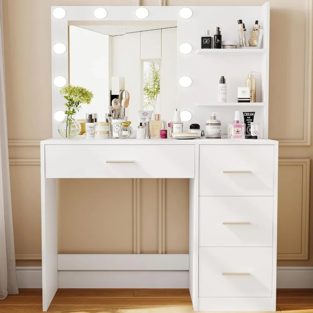 Makeup Vanity Table with Lighted Mirror, 10 LED Lights,  with Storage Shelf and 4 Drawers, Bedroom Dressing Table