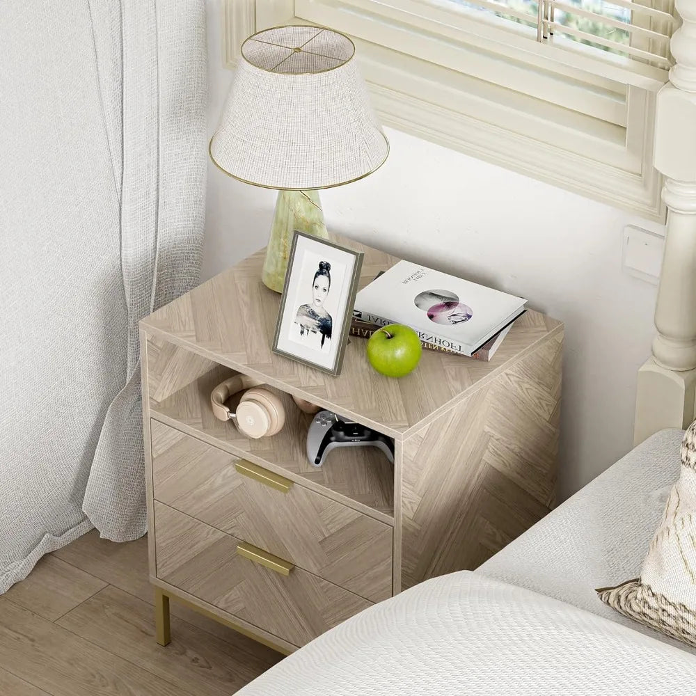 Nightstand, 2 Drawer Square Bedside Table End Table with Storage for Bedroom, Nightstand