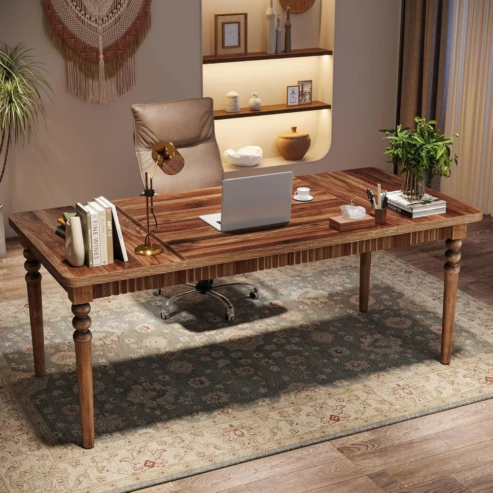 63-Inch Writing Desk with Solid Wood Turned Legs for Home Office, Workstation Business, Large Executive Computer Desk