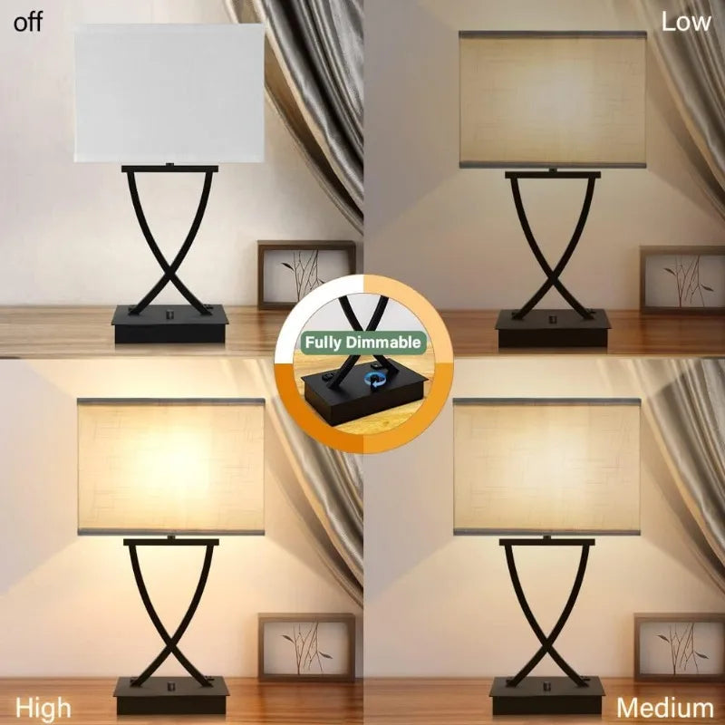 Dimmable Table Lamp for Bedroom with Type C/USB Charging Port and 1 AC Outlet White Linen Shade 21.38" Bedside Nightstand Lamp