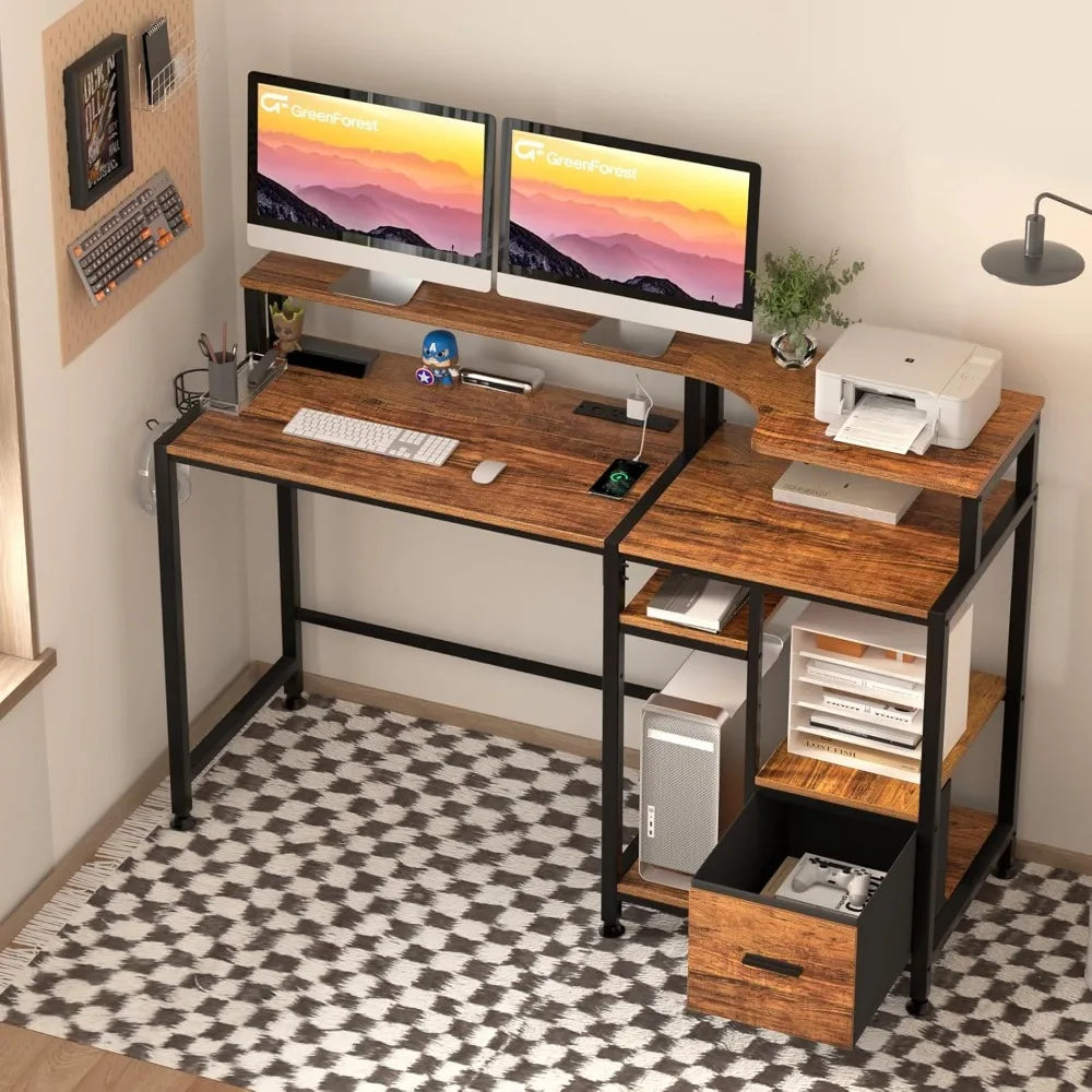 55 inch Computer Desk with Drawers and Outlets,Home Office Desk with Storage and Printer Shelf,Work Desk with Fabric File Drawer