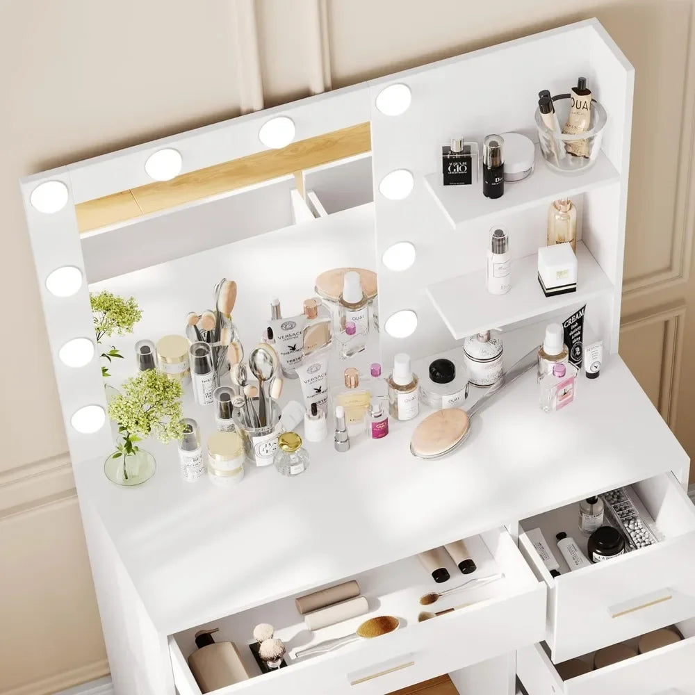 Makeup Vanity Table with Lighted Mirror, 10 LED Lights,  with Storage Shelf and 4 Drawers, Bedroom Dressing Table