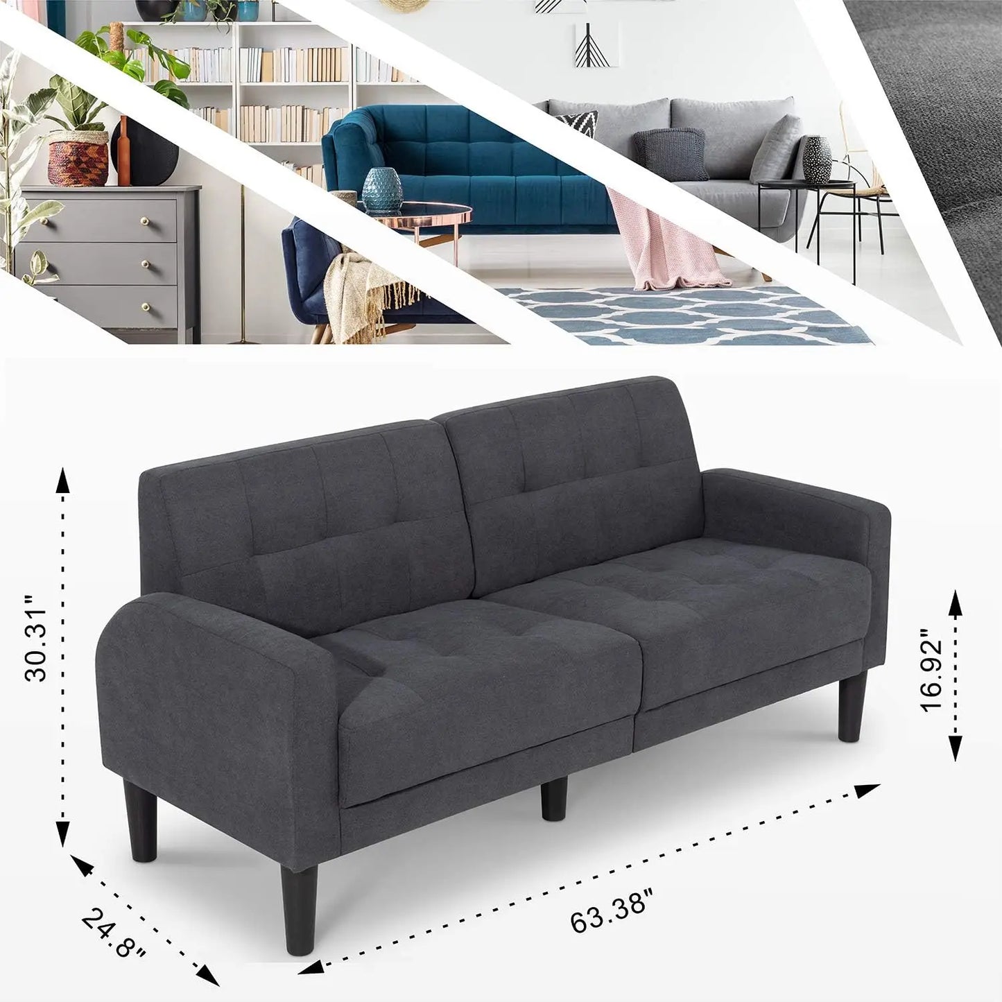 Mid Century Modern Couches for Small Space, Upholstered 2-Seat Livingroom Bedroom Accent Sofa,Dark Gray