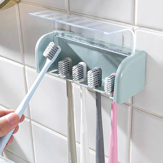 Bathroom Wallmount Toothbrush Holder with Cover 5 Slots Without Drilling Home Bathroom Self Adhered Toothbrush Storage Racks