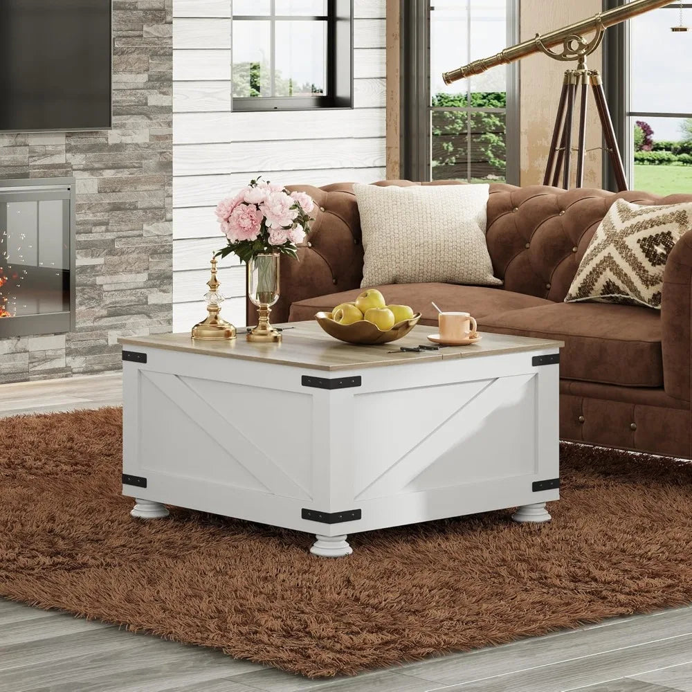 Coffee Table, Farmhouse Flip Top Coffee Table with Storage, Square Center Table for Living Room, Bedroom and Office, White