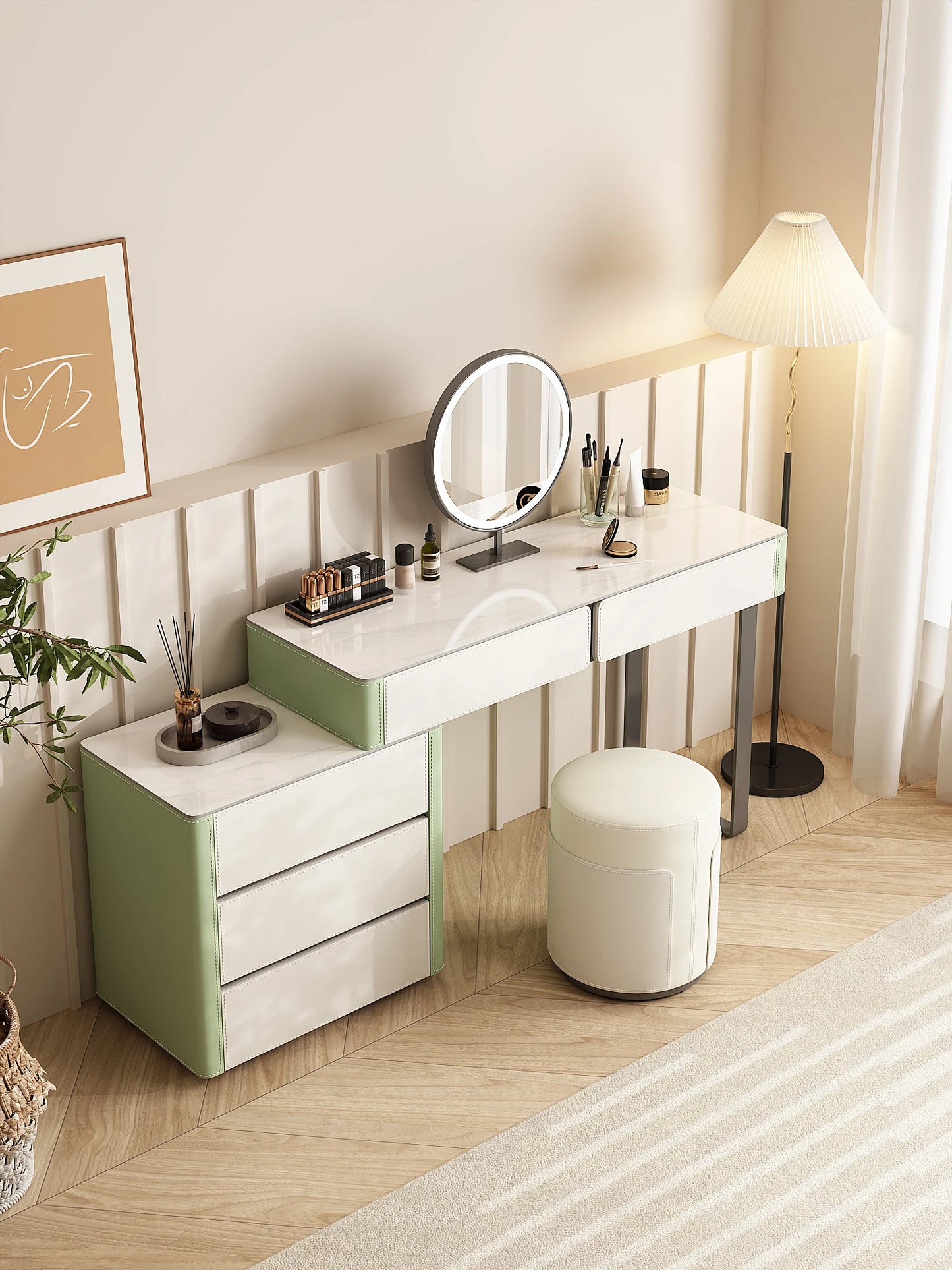 Modern simple saddle leather dresser bedroom bedside makeup table desk all-in-one bedside dresser makeup mirror makeup stool set