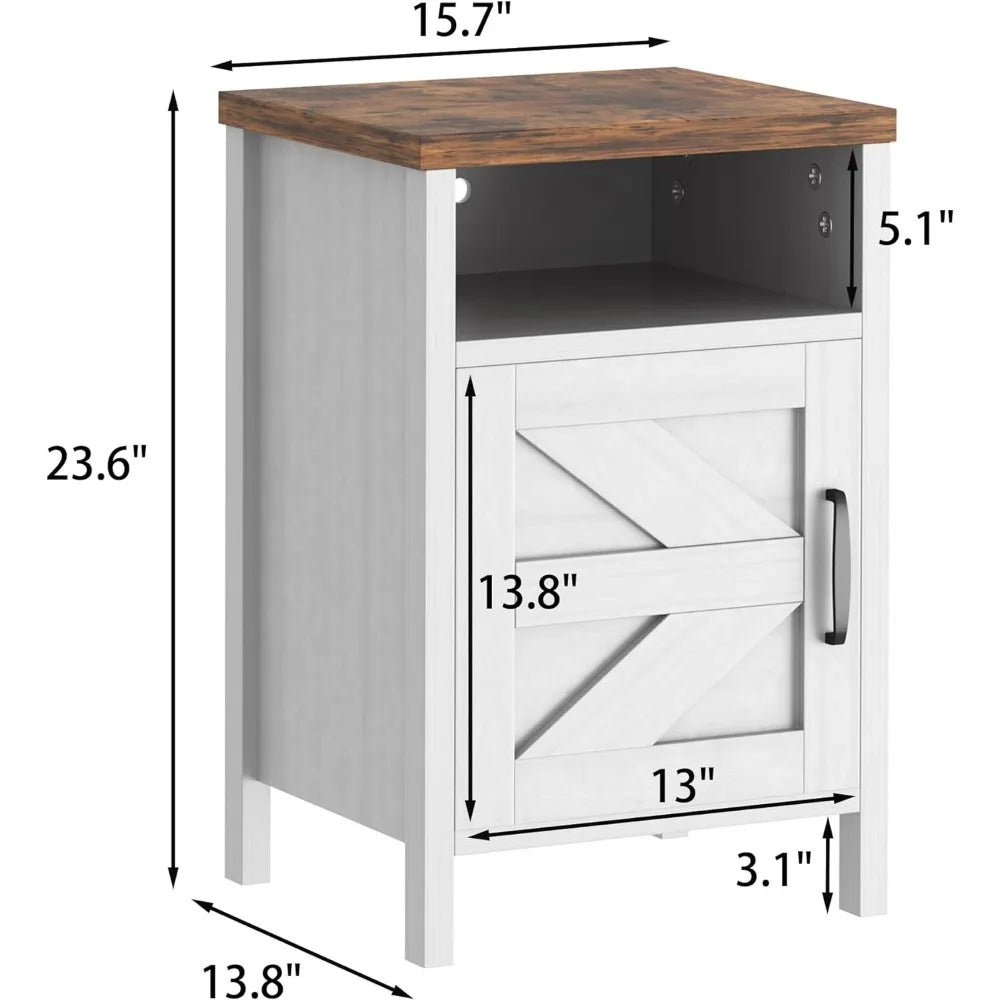 Farmhouse Nightstand, Modern Bedside Table Set of 2 with Barn Door and Shelf, Rustic End Table Side Table for Bedroom