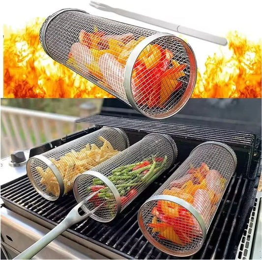 Stainless Steel Barbecue Grill Grate Barbecue Cage Camping Picnic Cookware Outdoor Round BBQ Campfire Grill Rolling Grill Basket