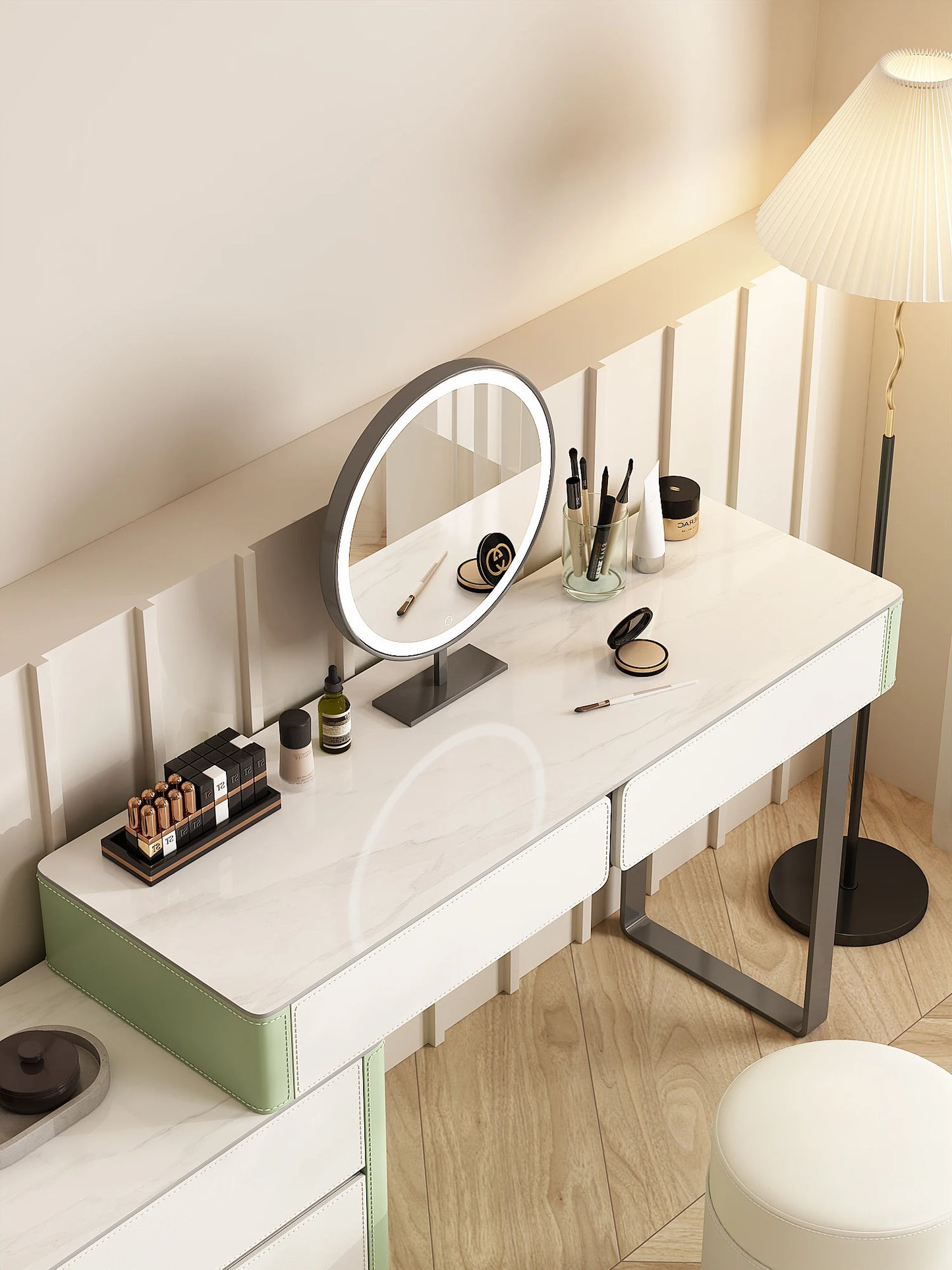 Modern simple saddle leather dresser bedroom bedside makeup table desk all-in-one bedside dresser makeup mirror makeup stool set