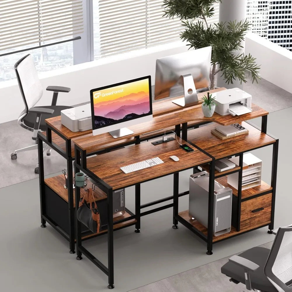 55 inch Computer Desk with Drawers and Outlets,Home Office Desk with Storage and Printer Shelf,Work Desk with Fabric File Drawer