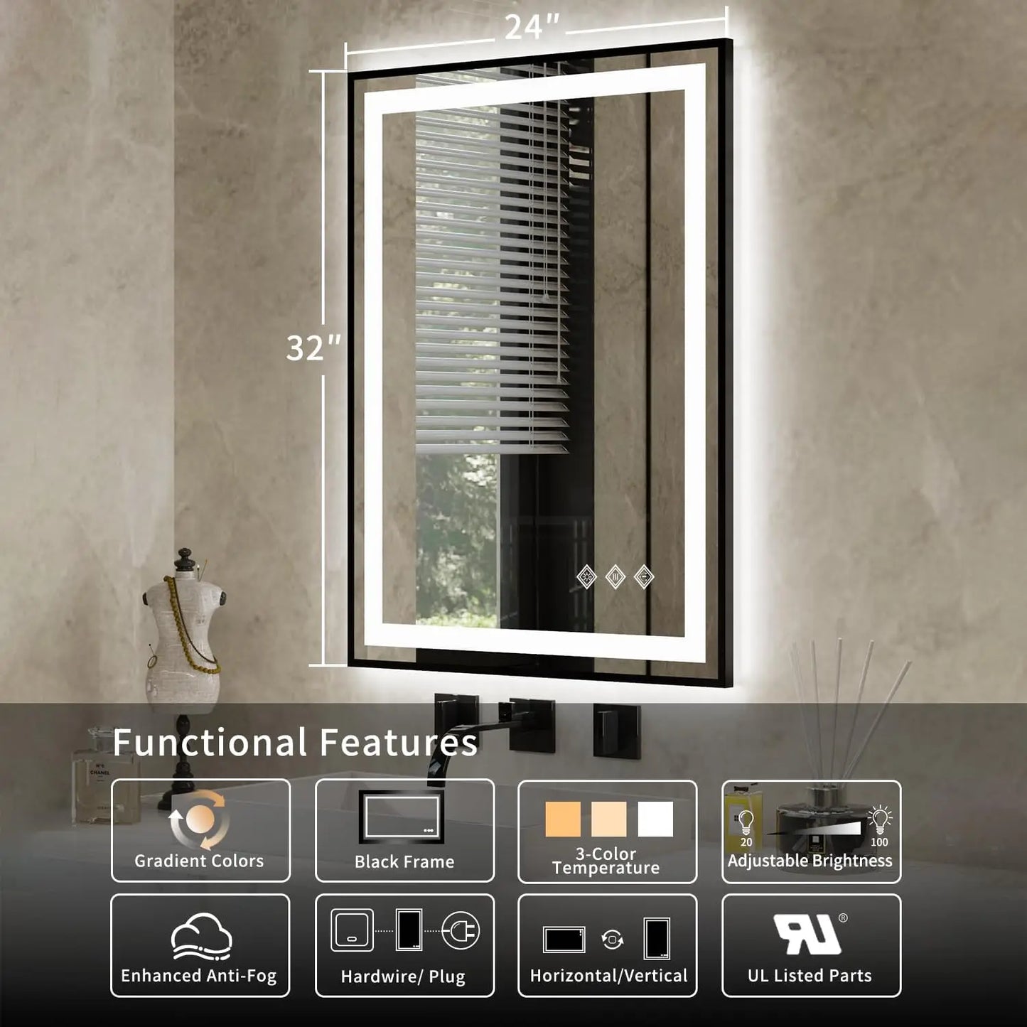 LED Bathroom Mirror, 24x32 Inch Black Framed Gradient Front and Backlit LED Mirror for Bathroom