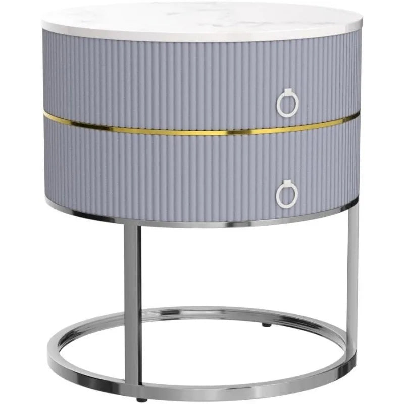 Marble Round End Table with Storage, Modern Nightstand with 2 Drawers, Side Table for Living Room Bed Room,  Silver