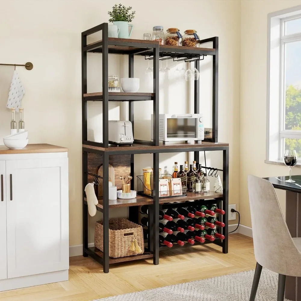 Kitchen storage rack, wine glass storage cabinet, with power socket, ample storage space, 35 inches, suitable for kitchen, brown