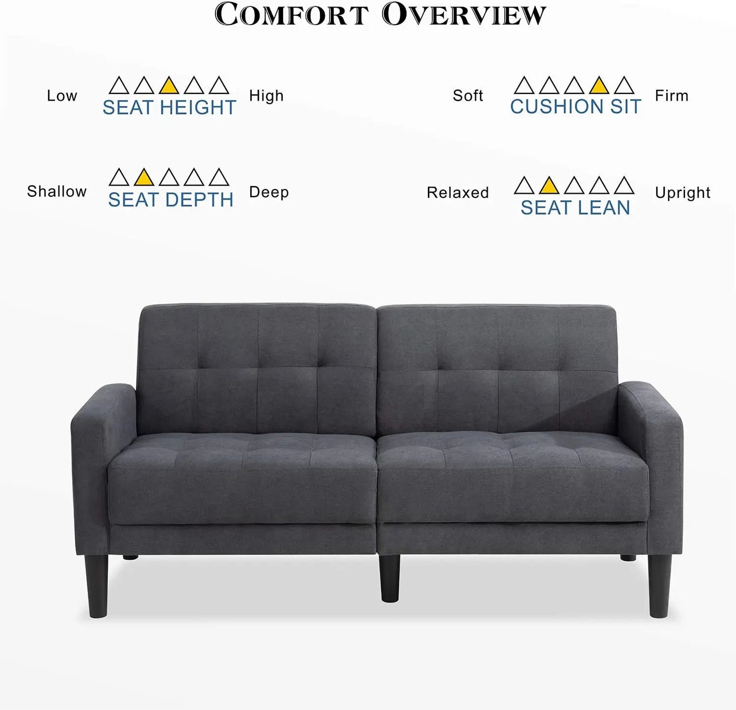 Mid Century Modern Couches for Small Space, Upholstered 2-Seat Livingroom Bedroom Accent Sofa,Dark Gray