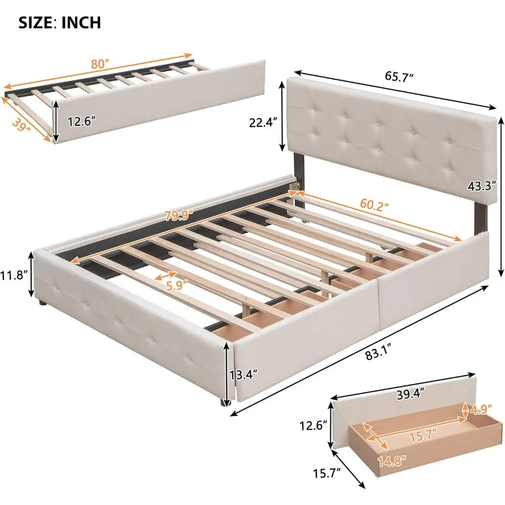 Queen Size Bed Frame, Linen Fabric Upholstered Platform Bed Frame with 2 Storage Drawers , Ideal Bedroom, No Box Spring Needed