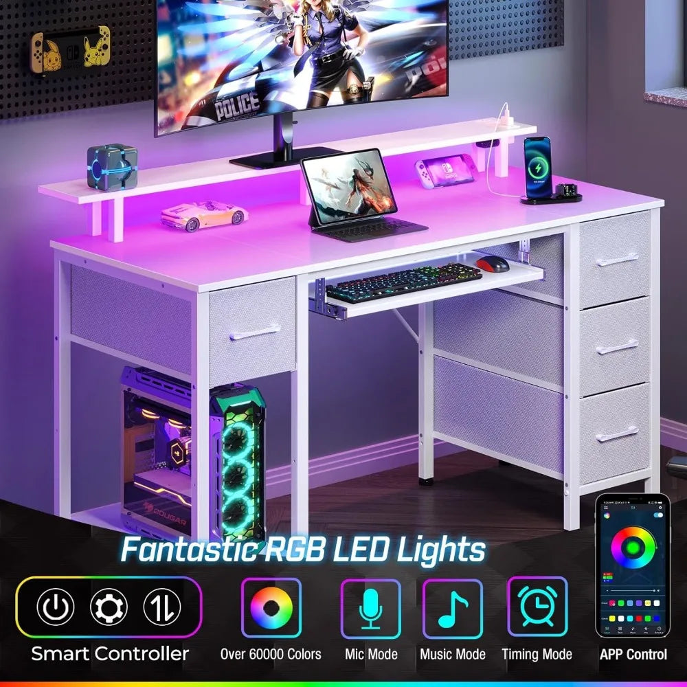 Computer Desk 47.2" with LED Lights & Power Outlets, Home Office Desk with 4 Drawers, Writing Desk with Keyboard Tray, White