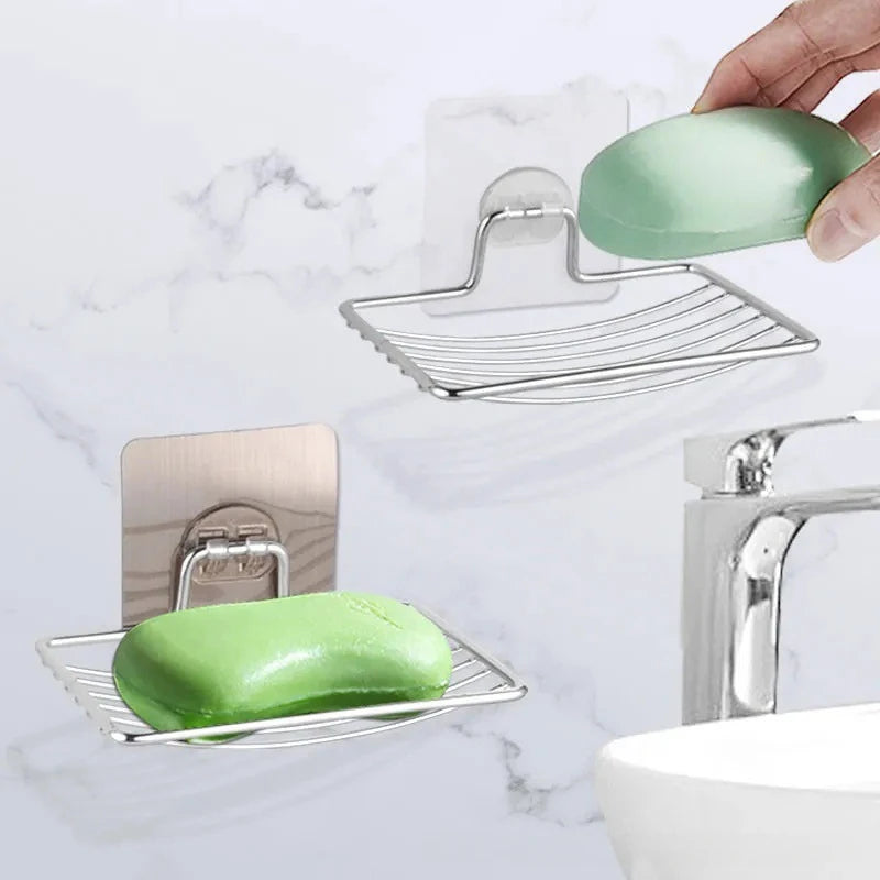 Stainless Steel Soap Rack Punch-free Nail-free Bathroom Single Layer Drain Wall Hanging Sucker Soap Box Tray Bathroom Essentials