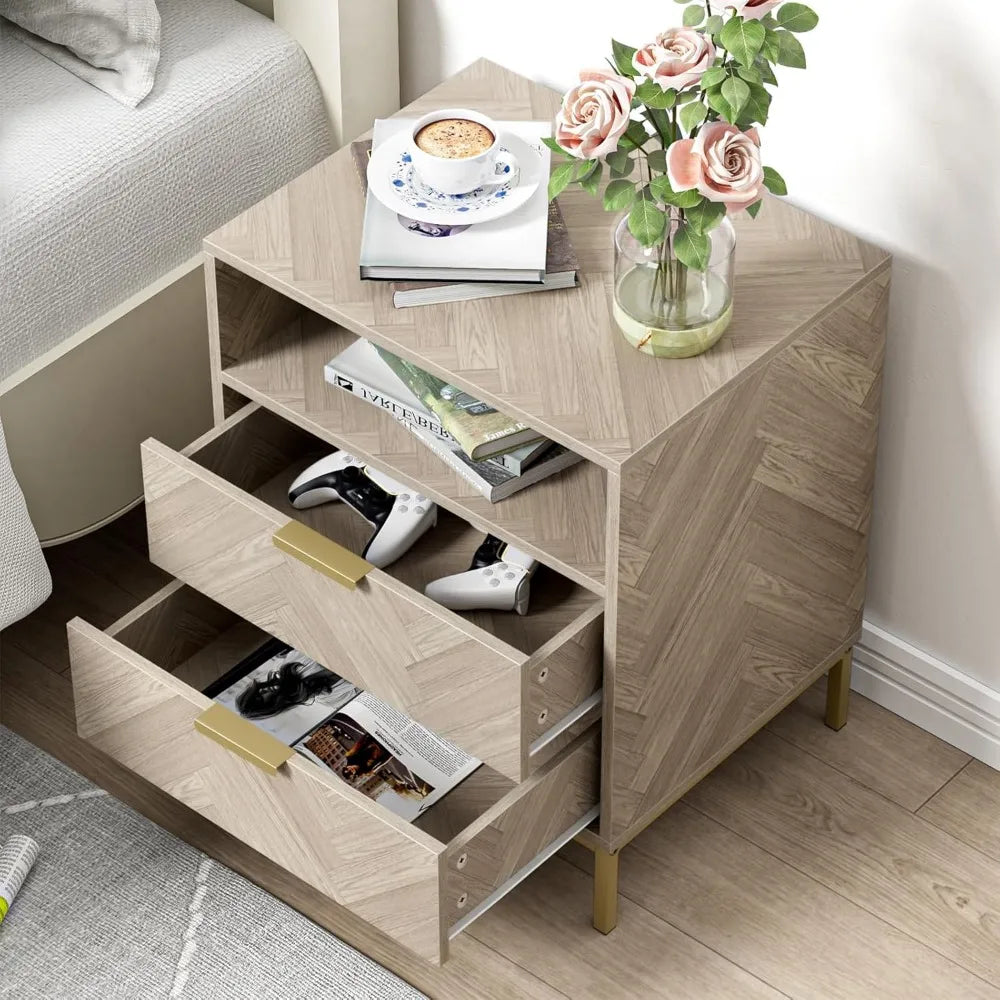 Nightstand, 2 Drawer Square Bedside Table End Table with Storage for Bedroom, Nightstand