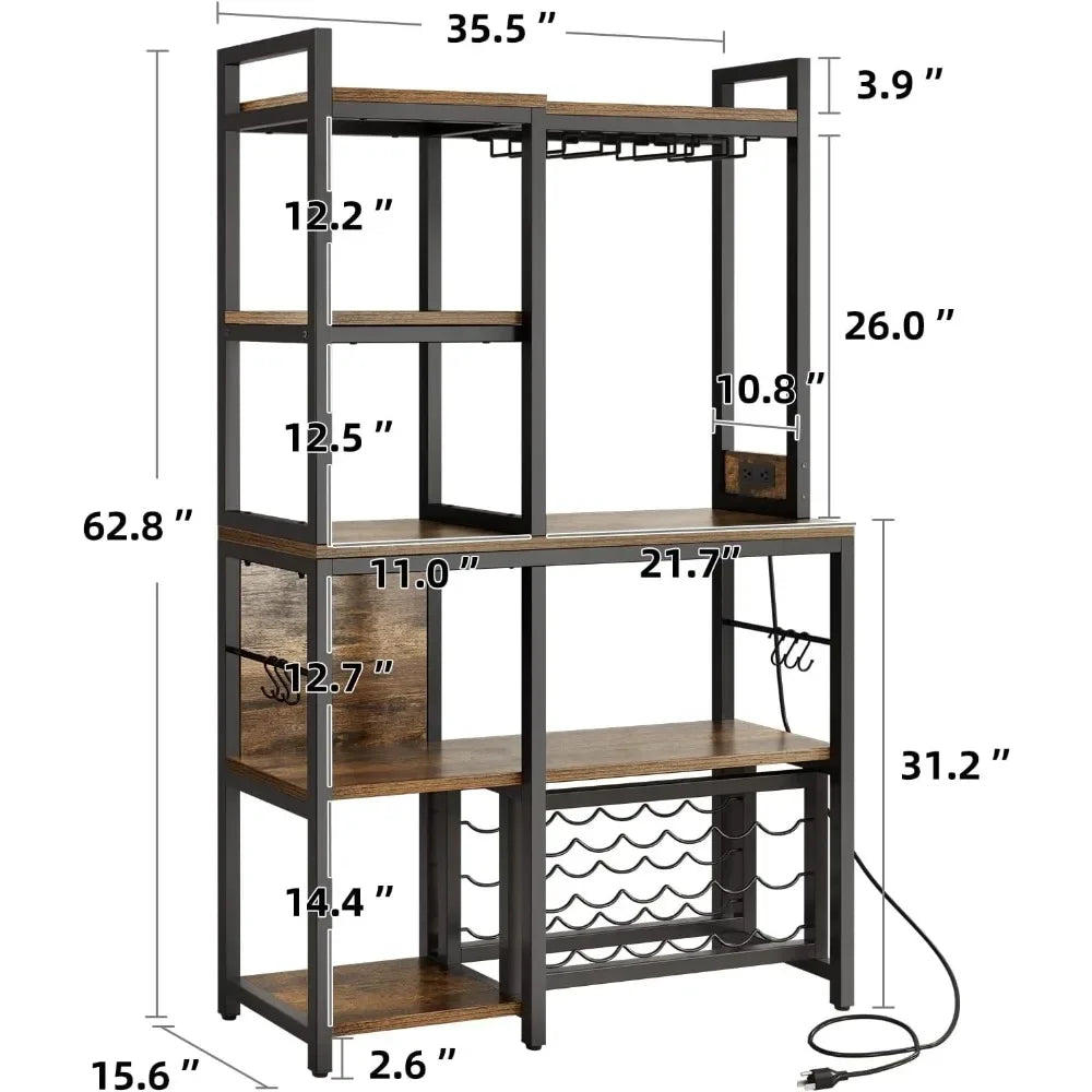 Kitchen storage rack, wine glass storage cabinet, with power socket, ample storage space, 35 inches, suitable for kitchen, brown