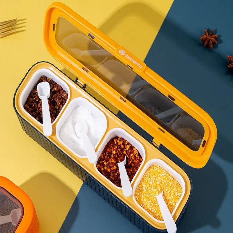 Kitchen Seasoning Storage Box, Combination with Spoon, Four Compartments