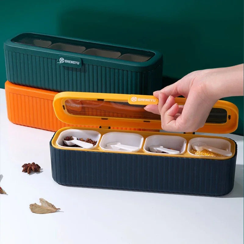 Kitchen Seasoning Storage Box, Combination with Spoon, Four Compartments