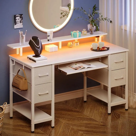 Computer Desk 47.2" with LED Lights & Power Outlets, Home Office Desk with 4 Drawers, Writing Desk with Keyboard Tray, White