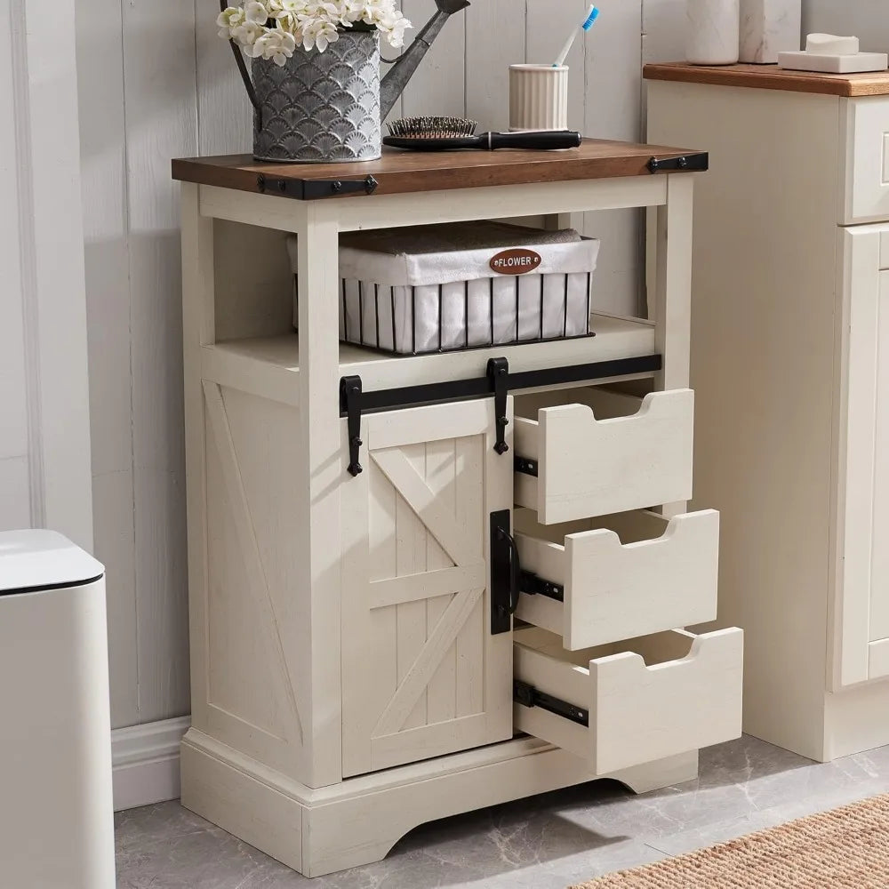 Bathroom Floor Cabinet, Farmhouse Storage Cabinet with Sliding Barn Door & Storage Drawers, Small Storage Cabinet for Bathroom