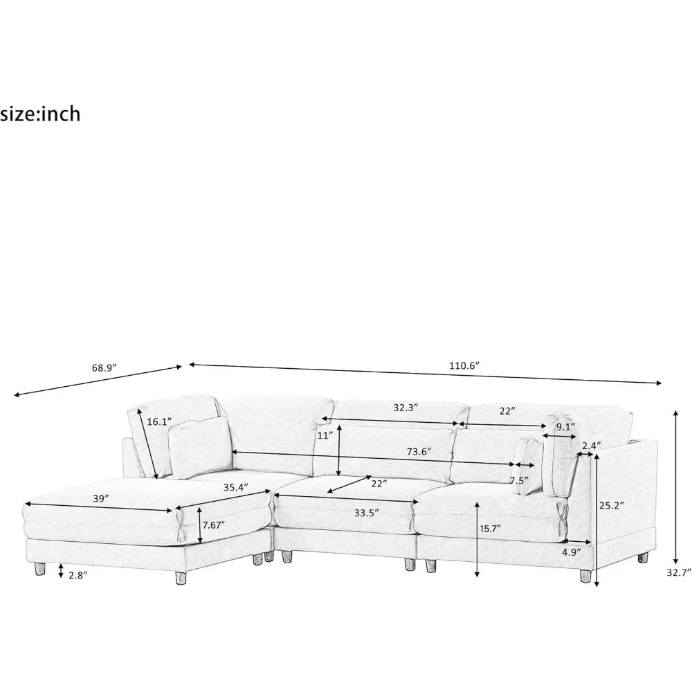 Convertible Sectional Sofa with Reversible Chaise, Ottoman & 2 Pillows, 4 Seat Upholstered Modular Couch Set, Living Room Sofas