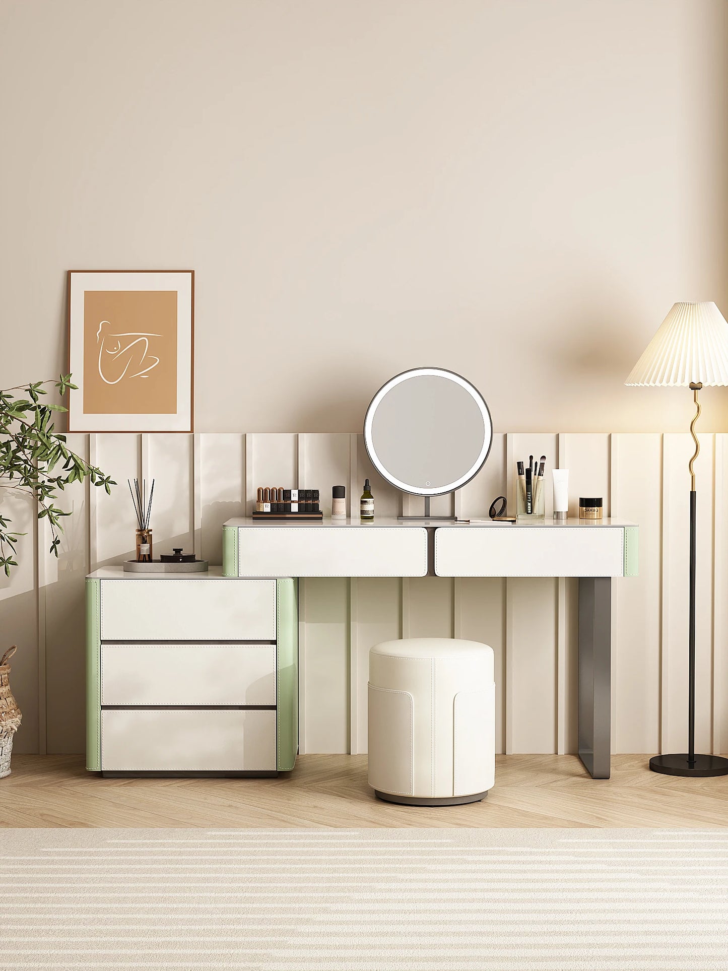 Modern simple saddle leather dresser bedroom bedside makeup table desk all-in-one bedside dresser makeup mirror makeup stool set