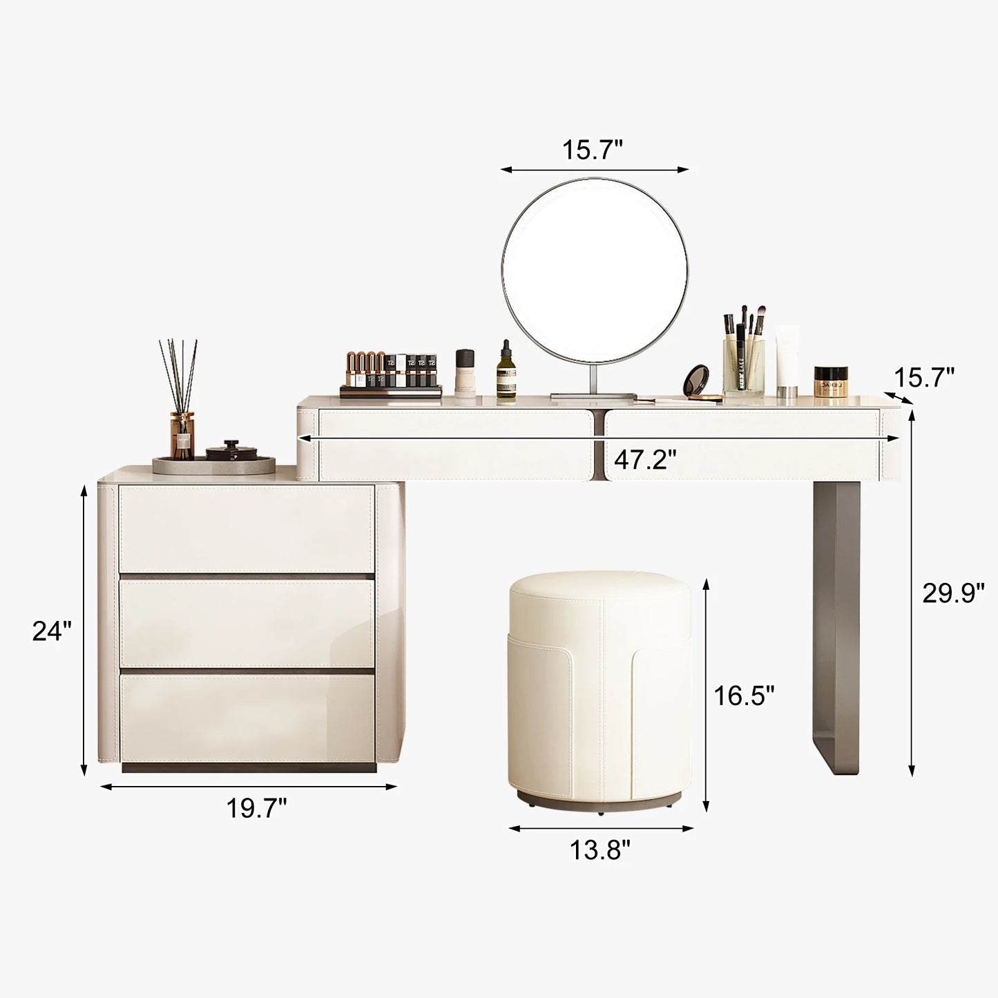 Modern simple saddle leather dresser bedroom bedside makeup table desk all-in-one bedside dresser makeup mirror makeup stool set