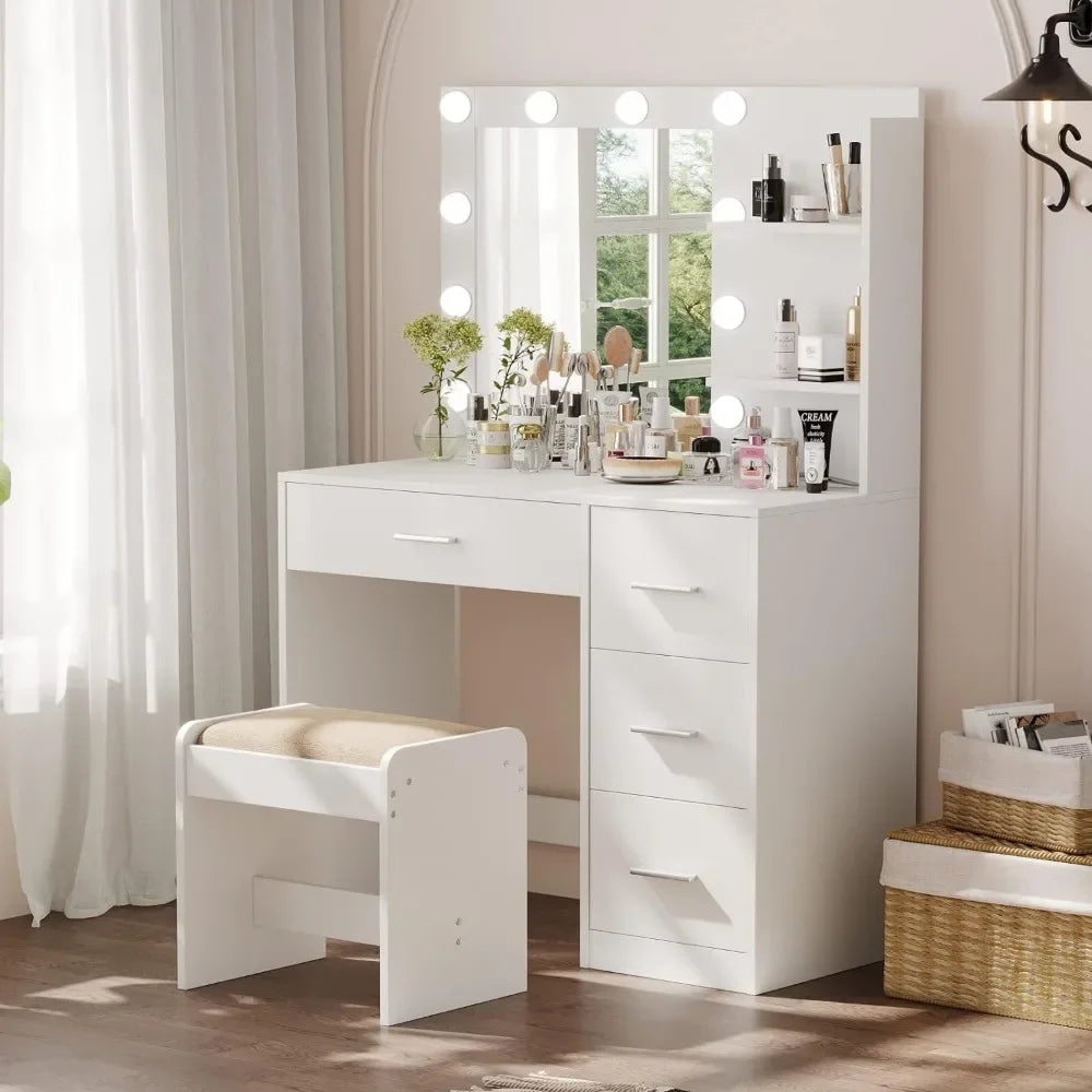 Makeup Vanity Table with Lighted Mirror, 10 LED Lights,  with Storage Shelf and 4 Drawers, Bedroom Dressing Table