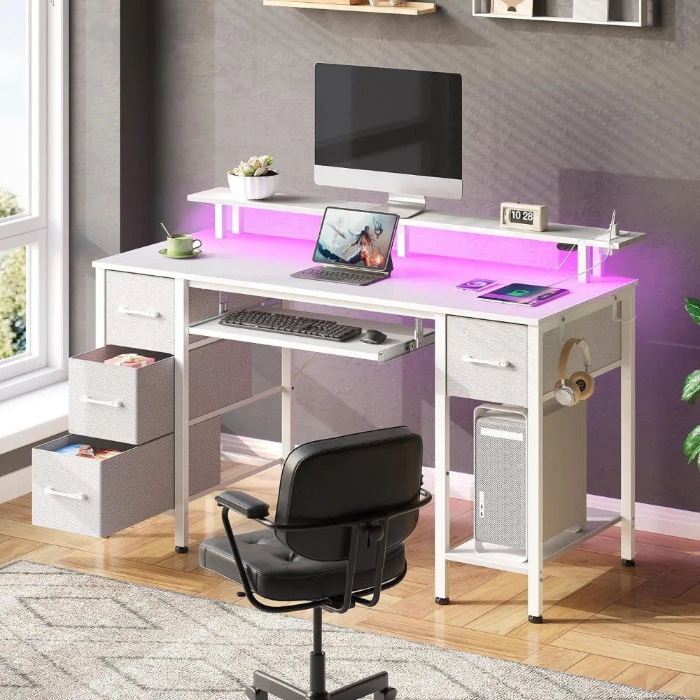 Computer Desk 47.2" with LED Lights & Power Outlets, Home Office Desk with 4 Drawers, Writing Desk with Keyboard Tray, White