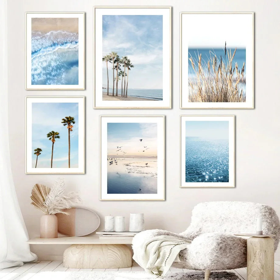 Blue Sea Wave Beach Wheat Coconut Tree Wall Art Canvas Painting Salon Decor Posters And Prints Wall Picture For Living Room Home