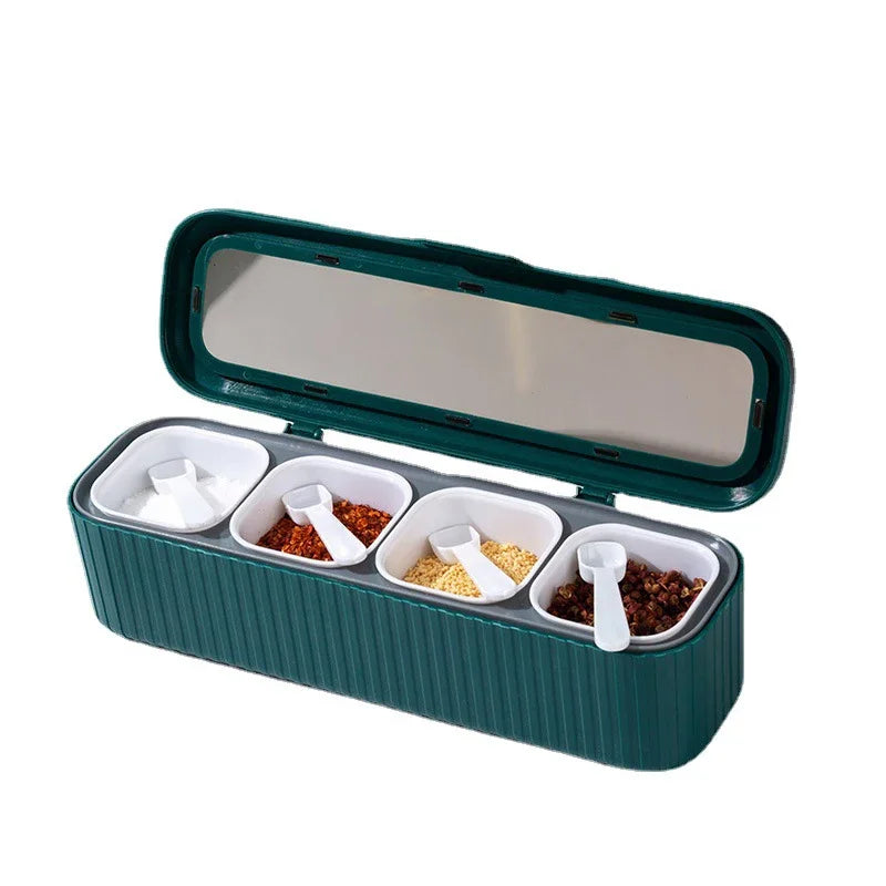 Kitchen Seasoning Storage Box, Combination with Spoon, Four Compartments