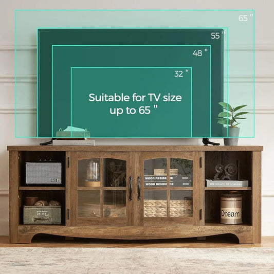 Farmhouse TV Stand , Entertainment Center with Glass Door Storage Cabinet & Adjustable Shelves, TV Console Table for Living Room