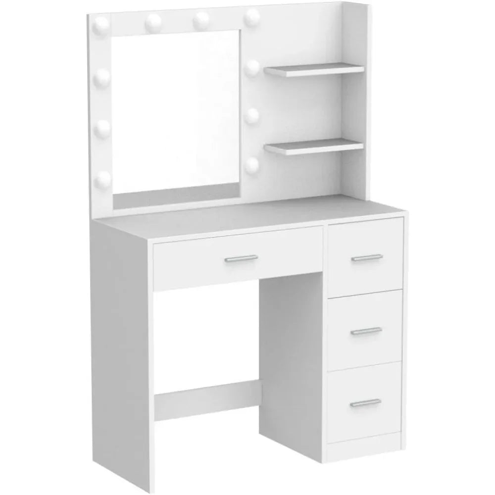 Makeup Vanity Table with Lighted Mirror, 10 LED Lights,  with Storage Shelf and 4 Drawers, Bedroom Dressing Table