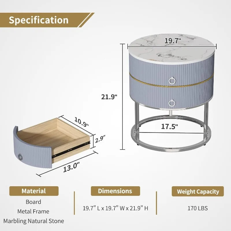 Marble Round End Table with Storage, Modern Nightstand with 2 Drawers, Side Table for Living Room Bed Room,  Silver