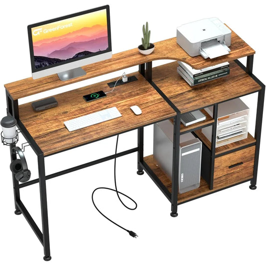 55 inch Computer Desk with Drawers and Outlets,Home Office Desk with Storage and Printer Shelf,Work Desk with Fabric File Drawer