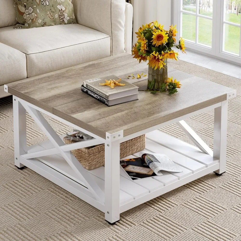 Coffee table farmhouse, living room square, vintage living room table with shelves, coffee table with storage, grey wash