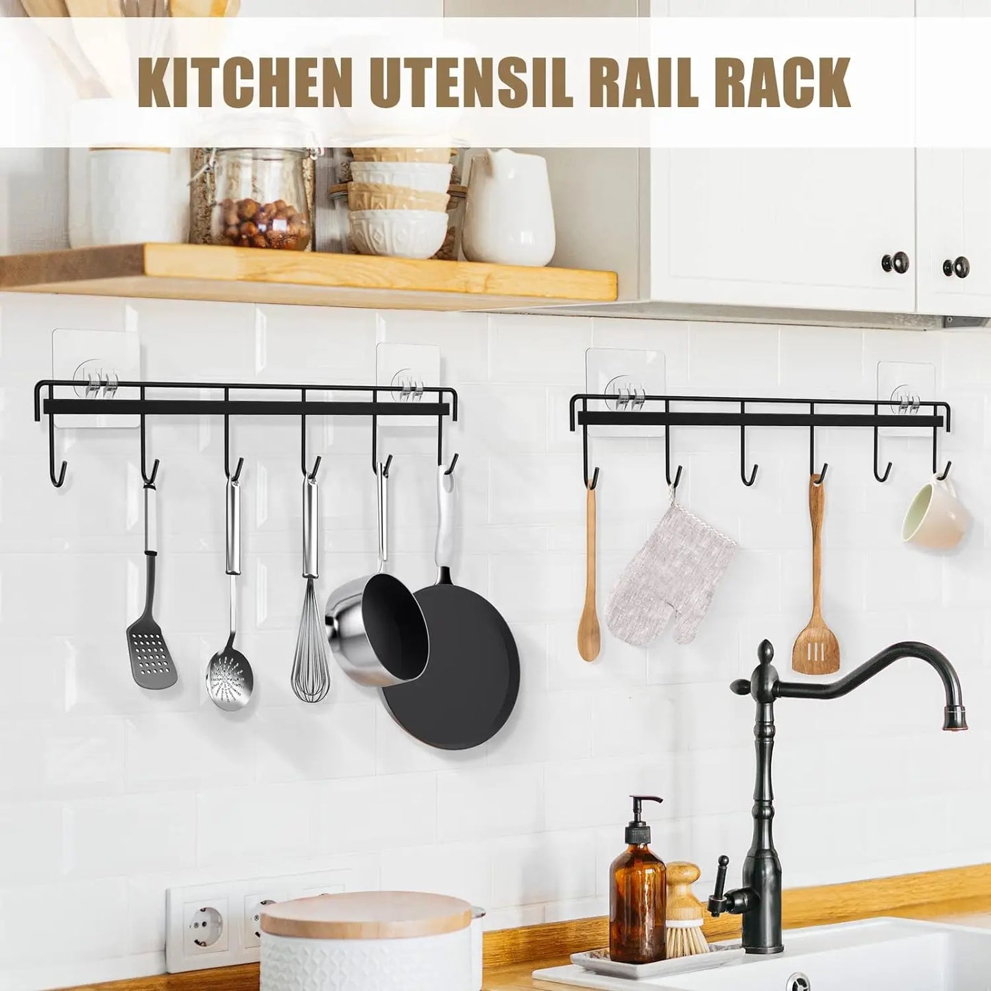 Kitchen Utensil Storage Rack Wall Mount Adhesive Kitchen Hanger Holder Space Saving Kitchen Organization Wall Hooks